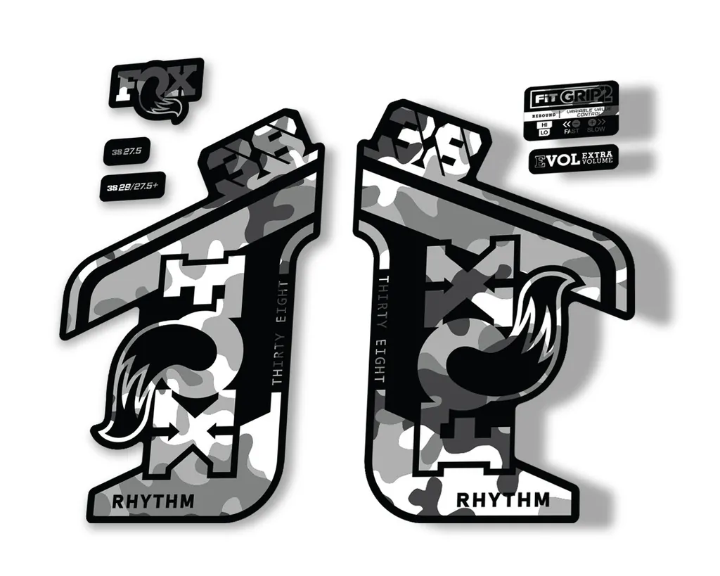 FOX 38 RHYTHM 2021 Fork Suspension Factory Sticker MTB Decal Adhesive White Camo - 1